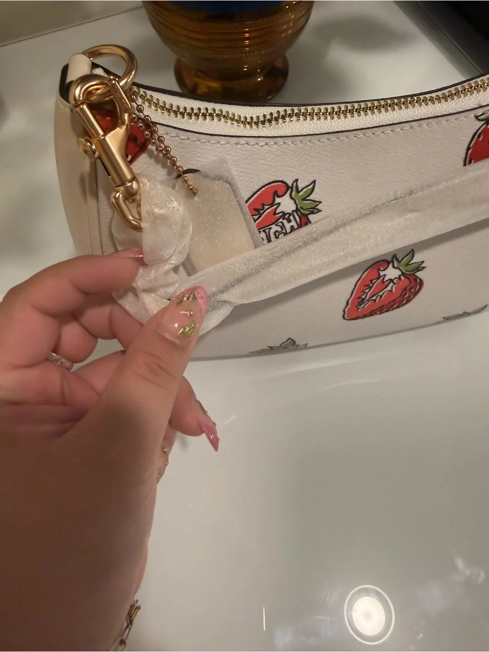 Coach White Leather Mini Shoulder Bag with Red Strawberry Print - Picture 3 of 5